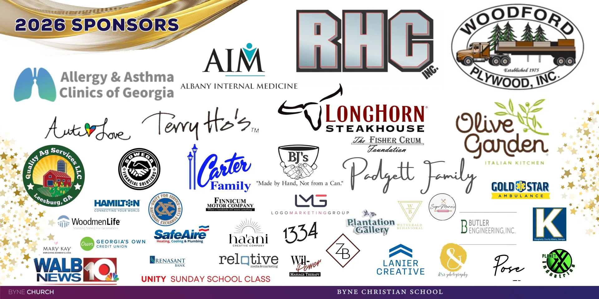 Logos of the 2026 Night to Shine sponsors supporting Byne Church and Byne Christian School