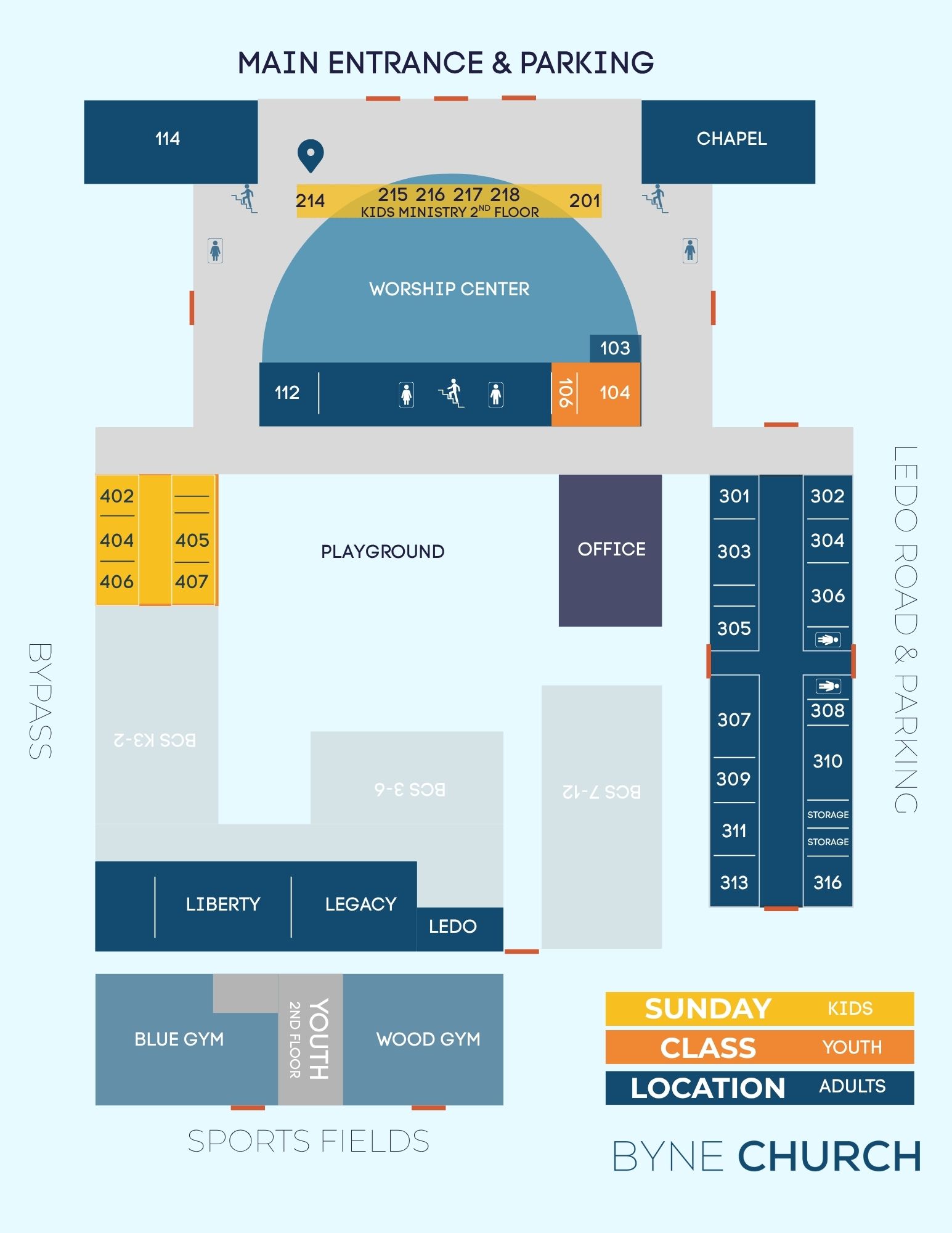 Sunday visitor map showing the main entrance, guest parking, worship center, children's ministry rooms, and blue gym at Byne Church.