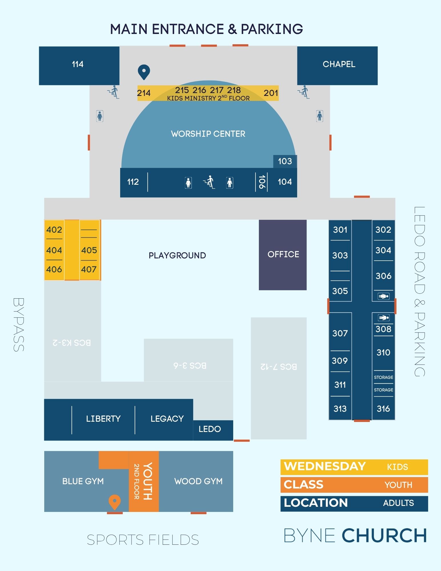 Wednesday visitor map showing the worship center entrance for adults and the blue gym and youth entrance areas for children and students at Byne Church.